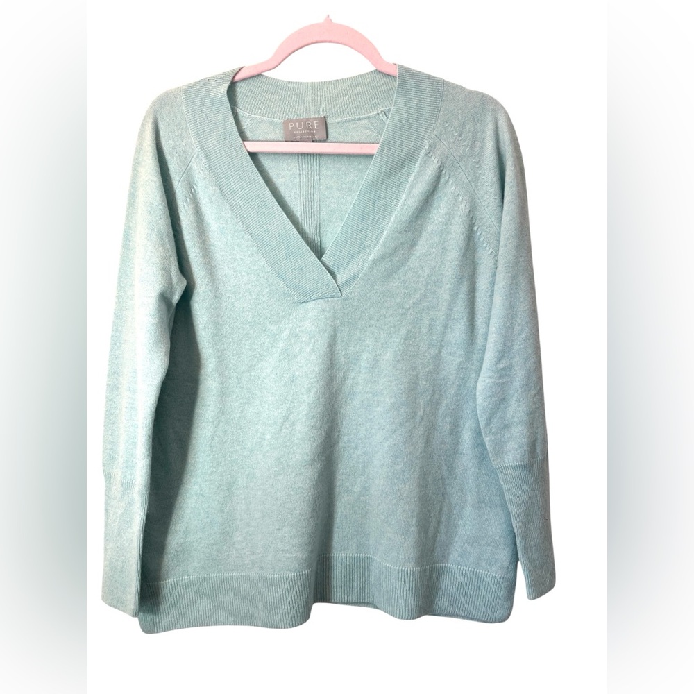 Pure Collection Cashmere V-Neck Sweater Size US 4 UK 10 Duck Egg Quiet Luxury